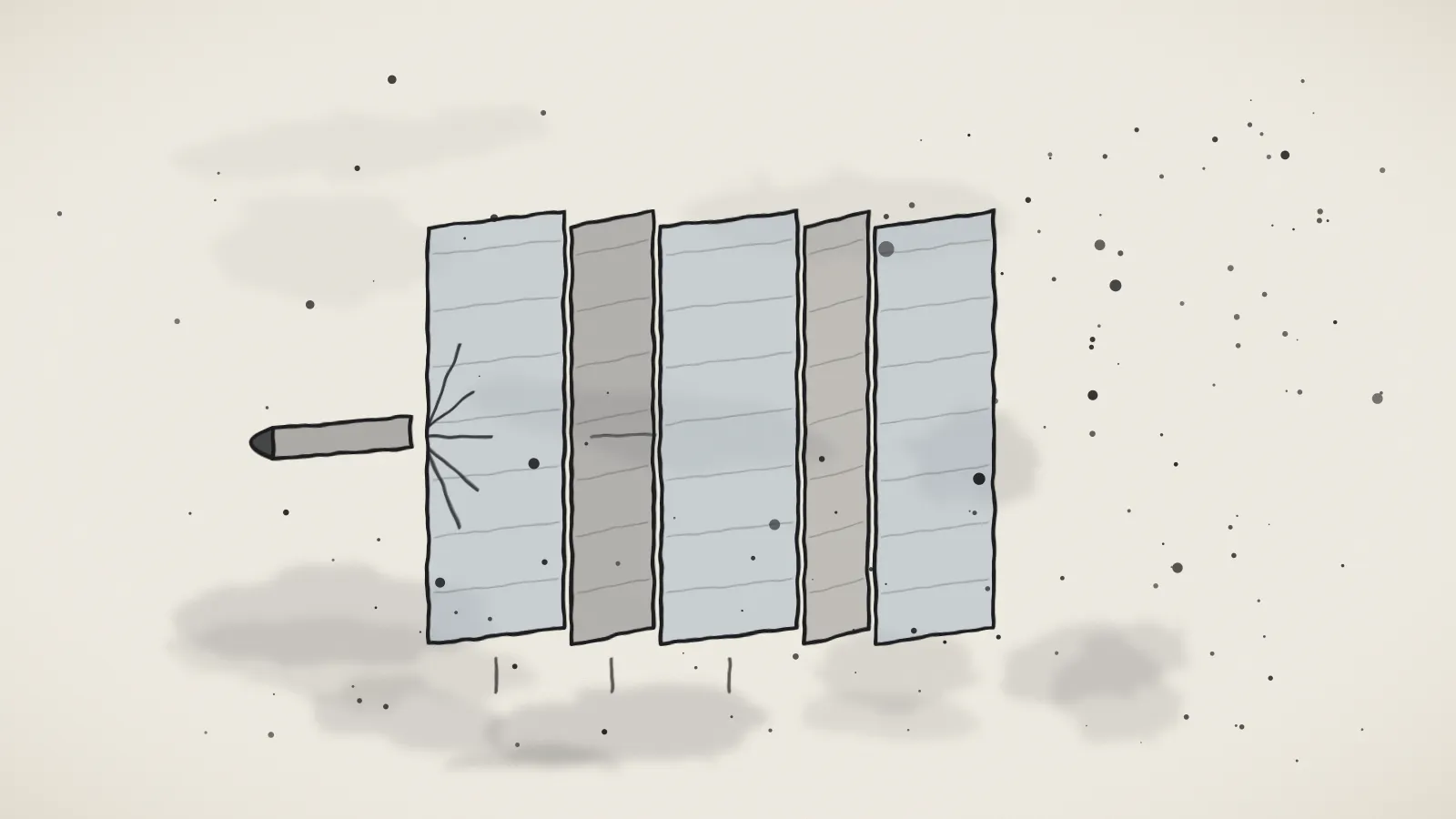 Ink diagram of the layers of bulletproof glass stopping a projectile