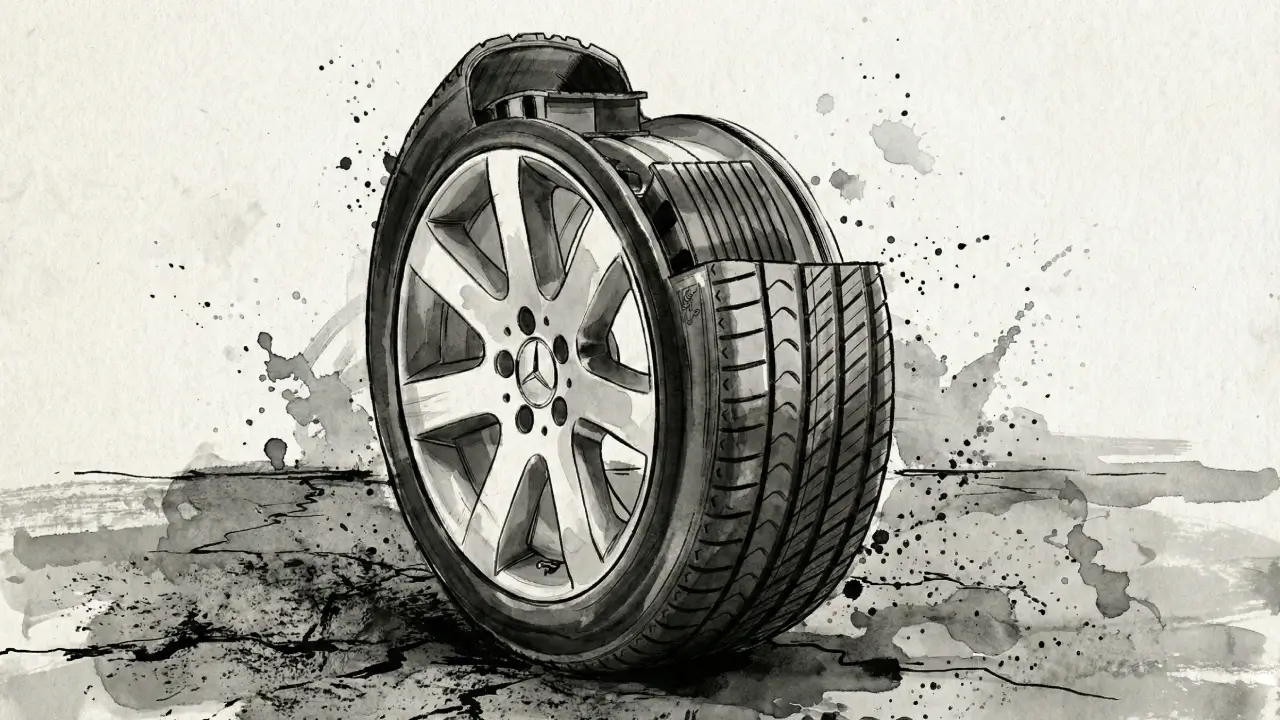 Ink drawing of a tire with a run-flat system