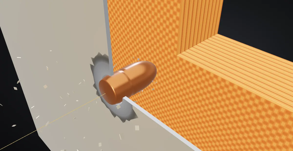 Bala atravesando la lámina exterior de una puerta blindada, frente a las capas de Tensylon®