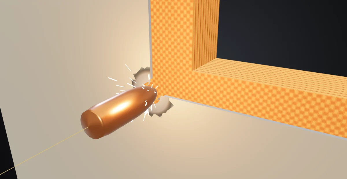 Bala atravesando la lámina exterior de una puerta blindada, frente a las capas de Tensylon®
